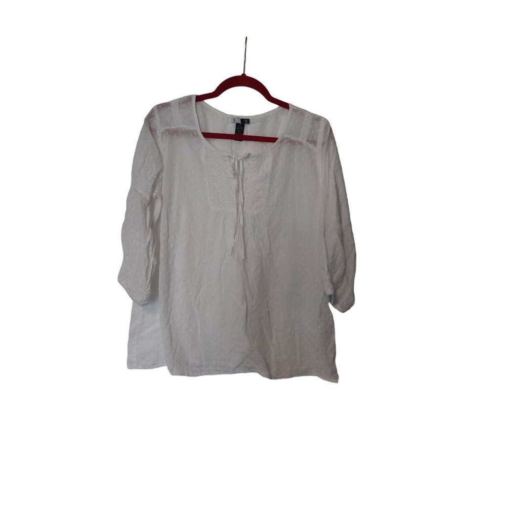S W Medium White Swiss Dot Boho Tie Front Lace Detail 3/4 Sleeve Blouse